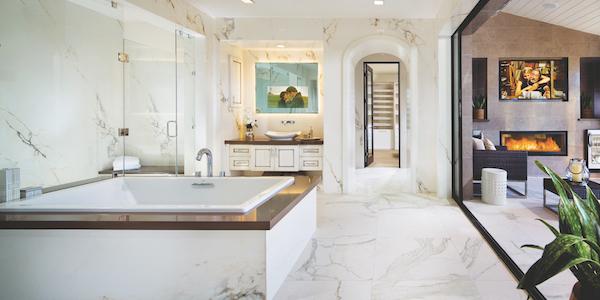 Modern bathroom interior with white marbles and mirrors