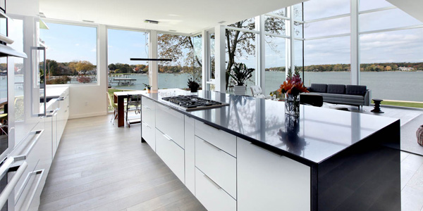 Image of beautiful compact kitchen with gray marble floors