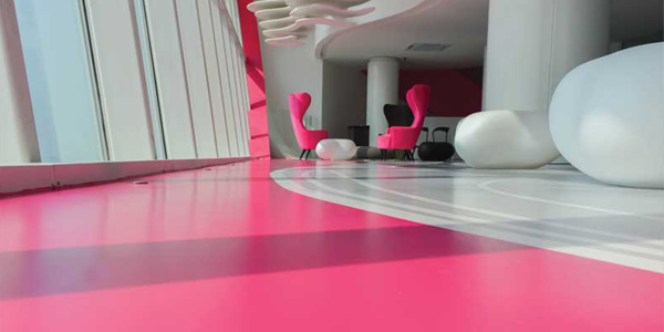 Image of an office interior with pink marble floors