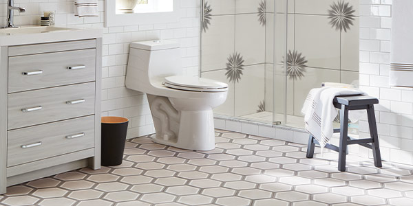Image of an elegant bathroom with marble floors