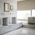 Image showing luxury bathroom interior with white marble floors