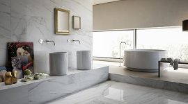 Image showing luxury bathroom interior with white marble floors