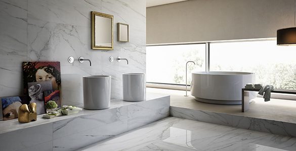 Image showing luxury bathroom interior with white marble floors