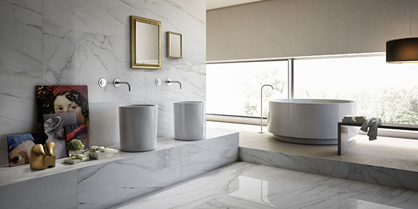 Image showing luxury bathroom interior with white marble floors