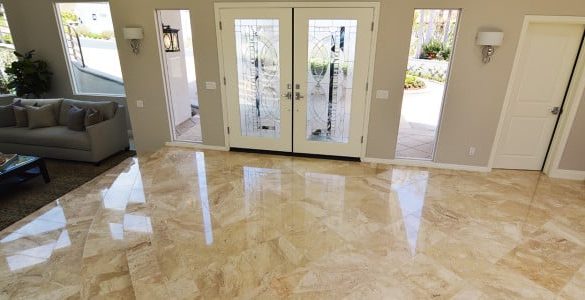 White modern living room interior with shining marble floor